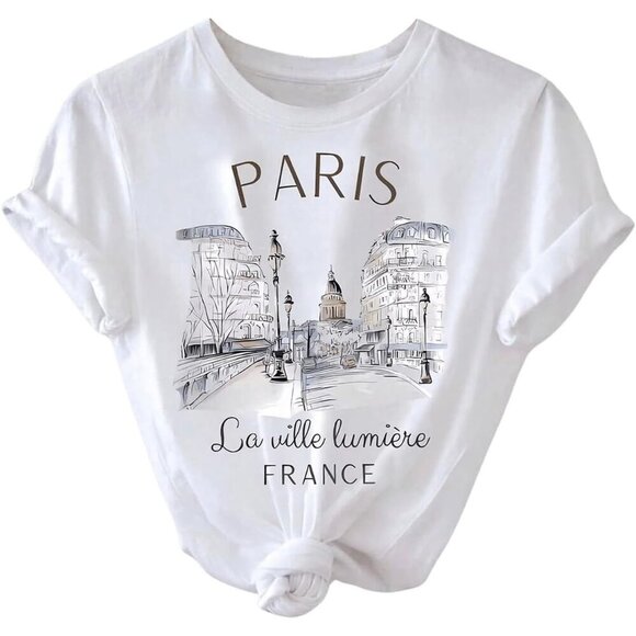 Tops - Women's Paris Graphic T Shirt Crew Neck Short Sleeve Casual Top Large